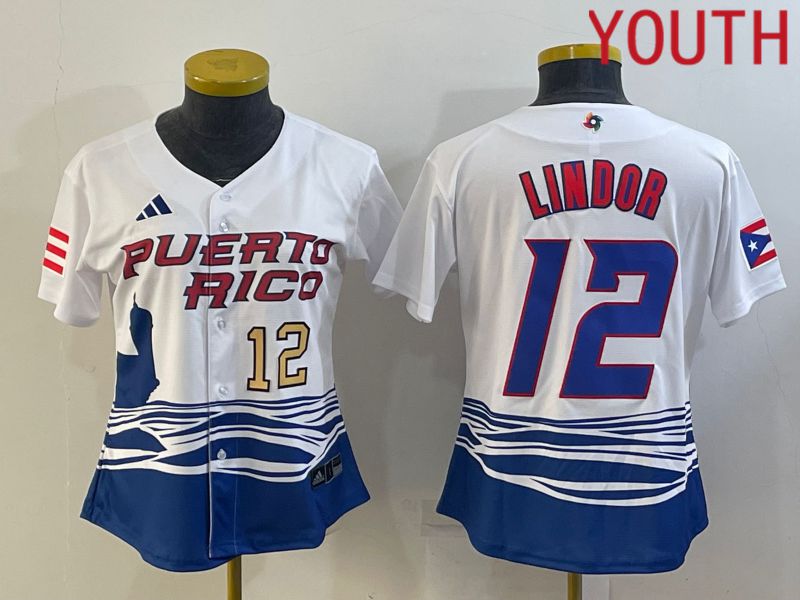 Youth 2023 World Cub Puerto Rico #12 Lindor White MLB Jersey5->youth mlb jersey->Youth Jersey